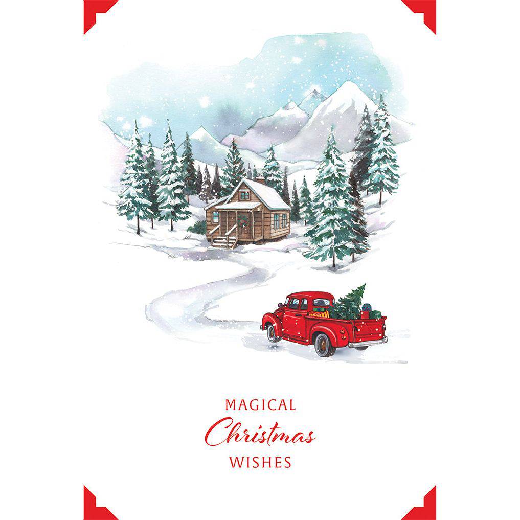 Red truck driving to a cabin Christmas card by Pictura featuring a festive holiday scene with snow and decorated trees.